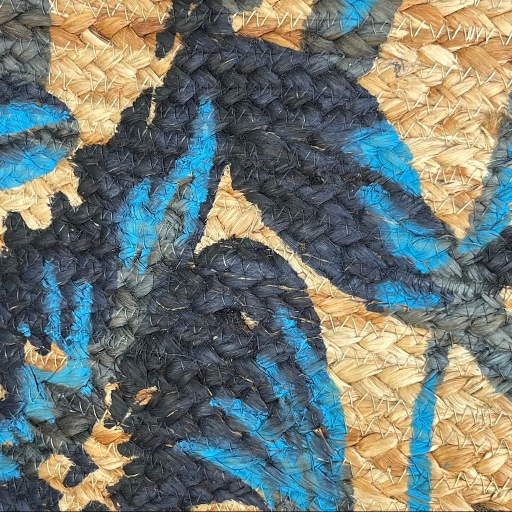 Woven Straw Tote Bag with Blue Floral Print and Tassel